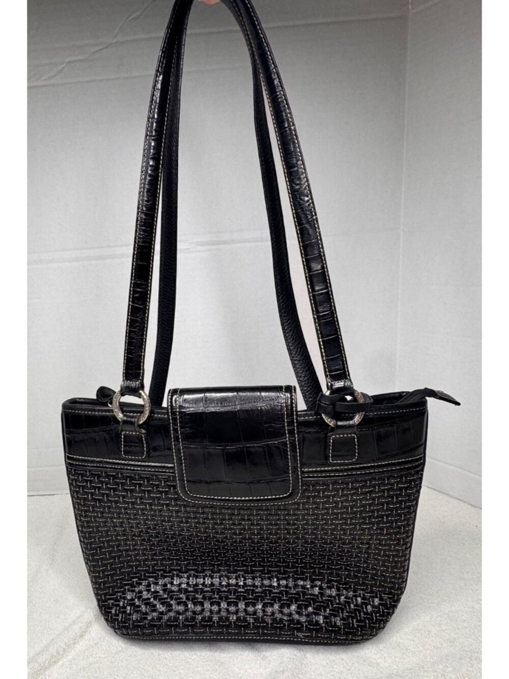 Brighton Black Leather Classic Tote Bag Basket Weave Front Panel Croc Trim - Picture 2 of 15